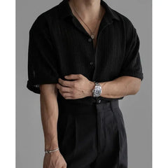 HEARUJOY  -  Summer Short Sleeved Shirt Men Oversized Black White Casual Shirt Men Streetwear Korean Loose Hollow Shirt Mens Hawaiian Shirts