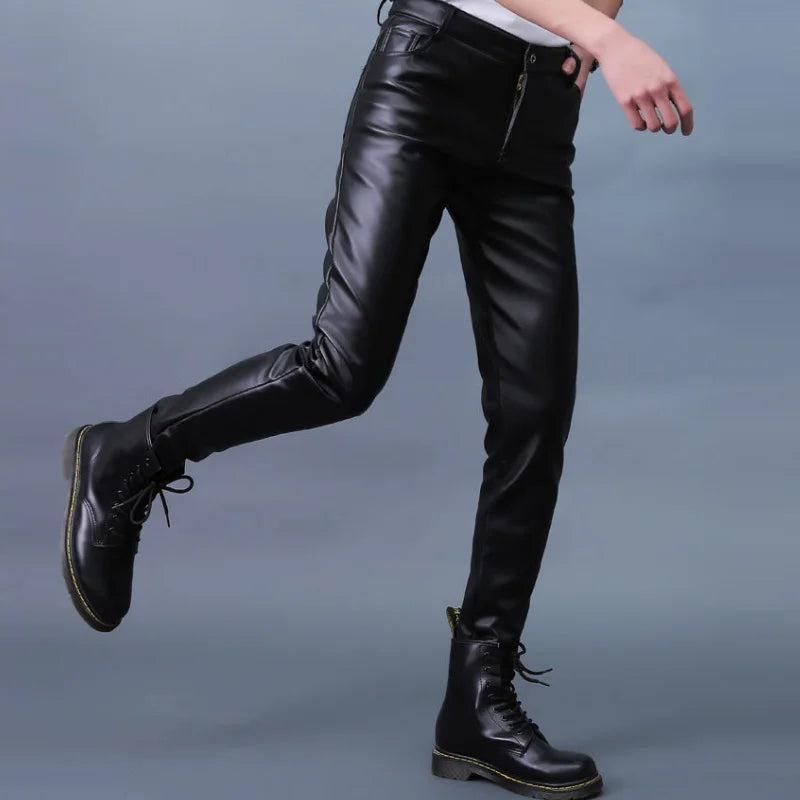 Hearujoy Men Leather Pants Slim PU Leather Trousers Fashion Elastic Motorcycle Leather Pants Waterproof Oil-Proof Male Bottoms Oversized