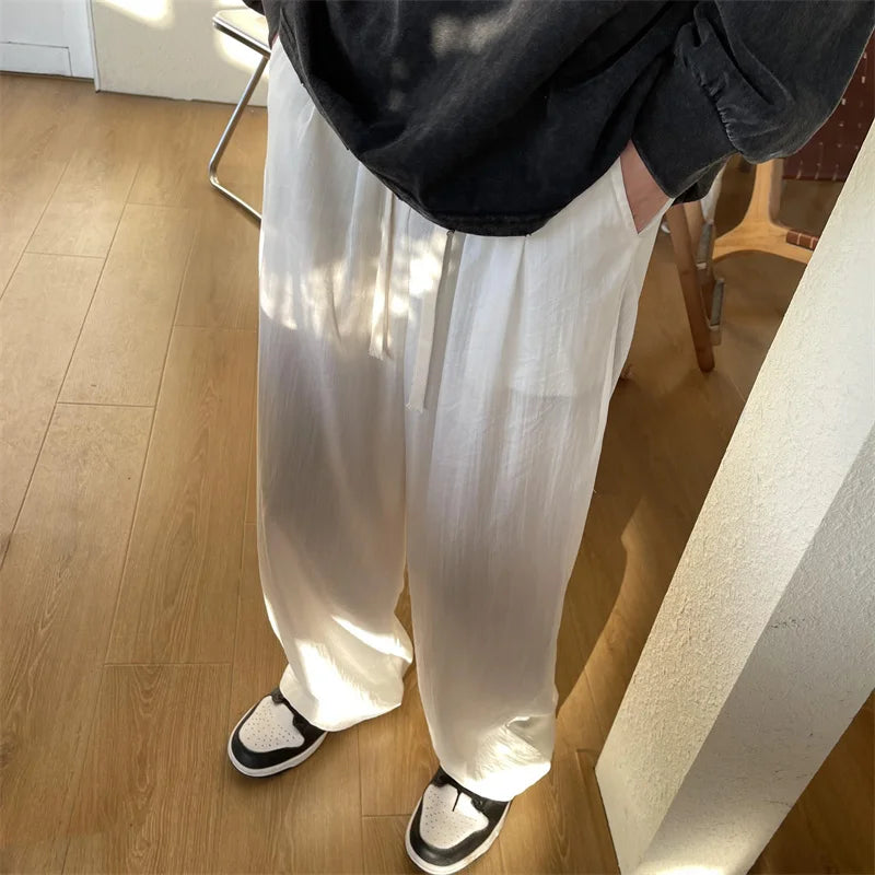 Hearujoy Summer Men's Casual Pants Loose Ice Silk Pants Simple and Comfortable Home White Casual Pants Baggy Sports Pants Black Gray Pink