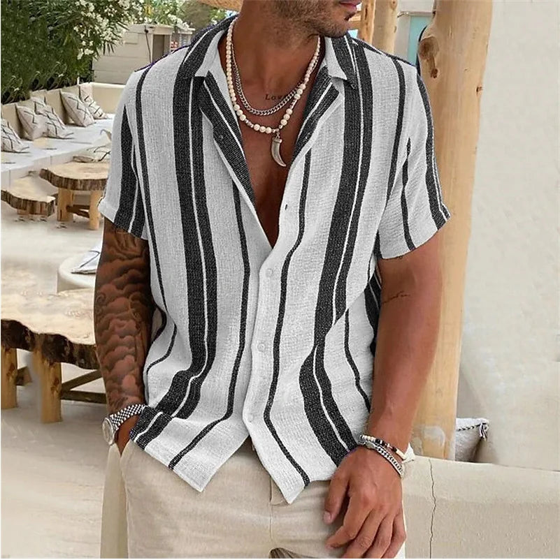 HEARUJOY  -  New Men's Slub Cotton Shirt Stripe Short Sleeve Collar Cardigan Summer Fashion Loose Oversize Shirts Top Streetwear Male