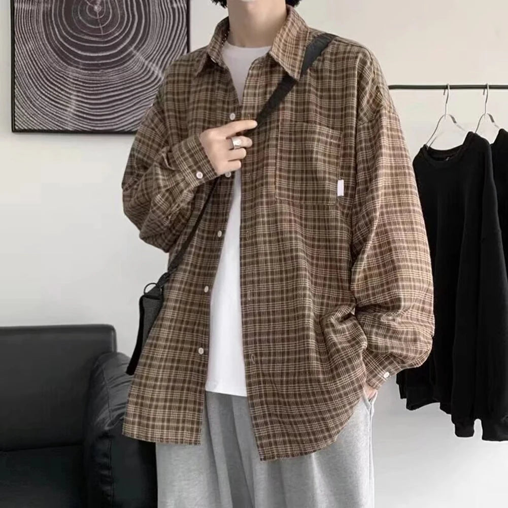 HEARUJOY  -  2XL Mens Plaid Shirt Lapel Shirt All Seasons Buttoned Closure Long Sleeves Slight Stretch Shirt For Daily Wear