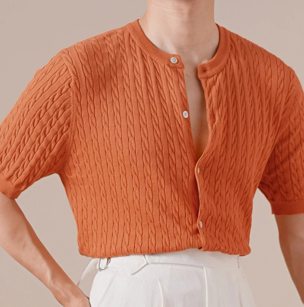 HEARUJOY  -  Summer Tencel Cotton Jacquard Knit Cardigan Men's Short Sleeve Thin Round Neck Draped Casual Business T-Shirt Breathable Polo