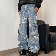 Hearujoy Korean Style Denim Cargo Pants Mens Fashion Floral Printed Jeans 2024 Autumn Loose Casual Trousers Hip Hop Wide-leg Jean Pants