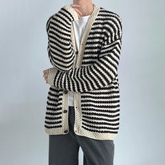 Hearujoy Mens Autumn Winter Y2k Black Apricot Striped Cardigan Knitted Sweater New Essential Comfortable Loose Casual Jacket For Men