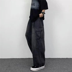 Hearujoy New Men's Wide-leg Jeans Casual Trendy Large Pocket Denim Pants Four Seasons Loose Straight Leg Casual Jeans Versatile Men Women