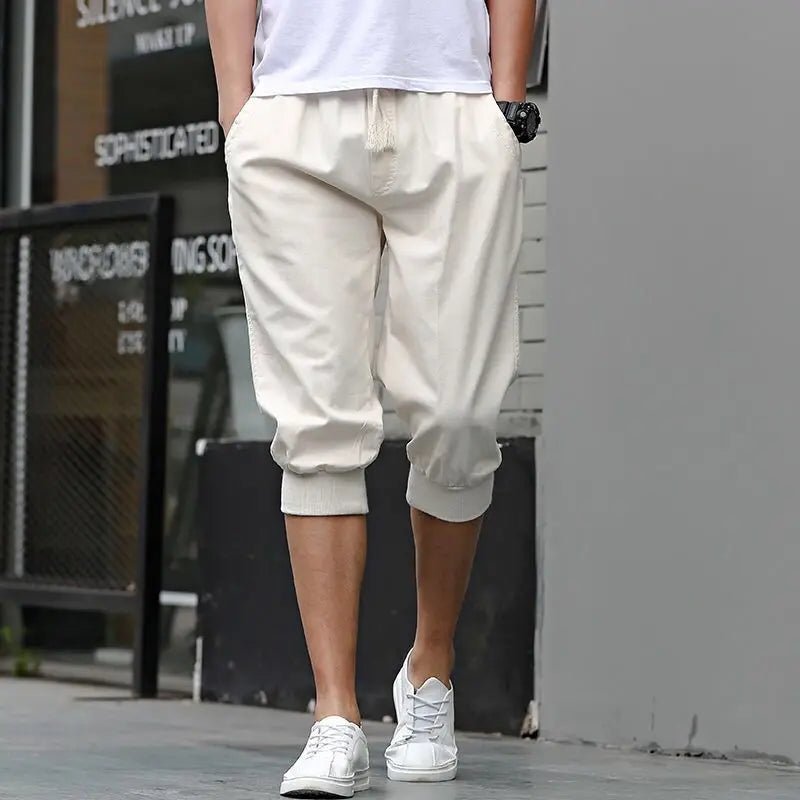 HEARUJOY  -  Summer New Sports Trend Versatile Casual Shorts Men's Solid Elastic Waist Drawstring Pockets Cotton Calf Length Cropped Pants