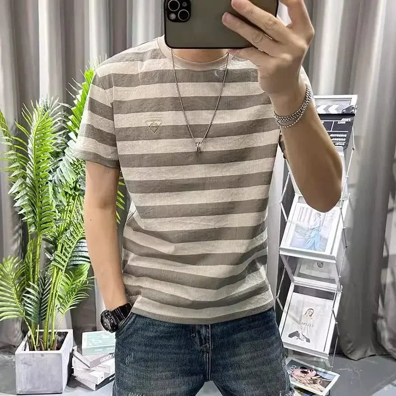 HEARUJOY  -  Man Tee Shirts O Neck Striped Apricot Cotton Linen T Shirt for Men Short Quarter Sleeve Summer Basic Cheap Clothes Ordinary Top
