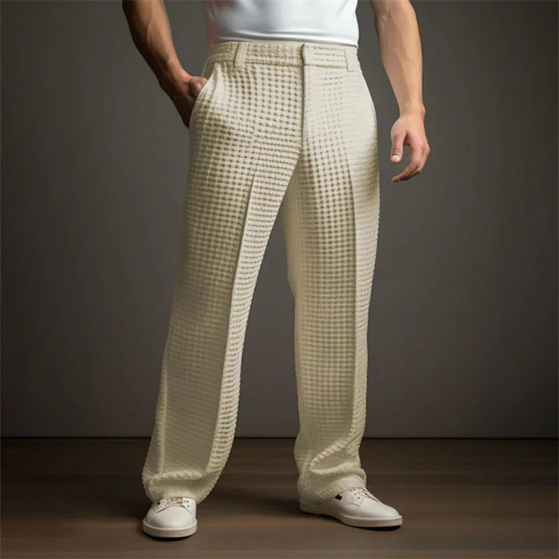 HEARUJOY  -  Business Casual Waffle Trousers Men Slant Insertion Pocket Straight Suit Pants Fashion Versatile Pants Leisure Vacation