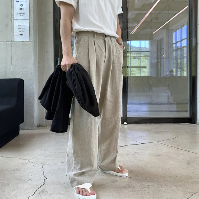 Hearujoy Korean Style Men's Casual Pants Pockets Soild Color Straight Wide Leg Male Loose Trousers Autumn Simple 9C7066