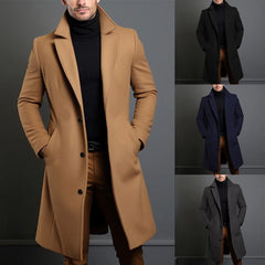 HEARUJOY  -  Long Black Trench Slim Jacket Mens Single Breasted Solid Vintage Full Sleeve Overcoats Tops Keep Warm