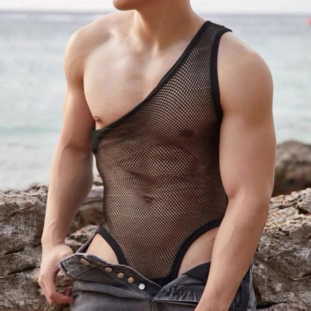 Hearujoy 2024 Mens Sexy Men's Bodysuit Hollow Mesh Body Sculpting Underwear Macho See-through High Fork Triangle Sleeveless Jumpsuit Vest