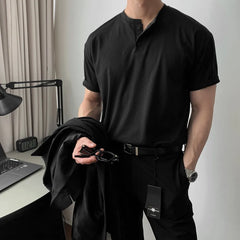 HEARUJOY  -  New Men Light Luxury Henry Collar T-Shirt Leisure Button-down Solid Color Short Sleeve Korean Style 2025 Summer Streetwear M-3XL