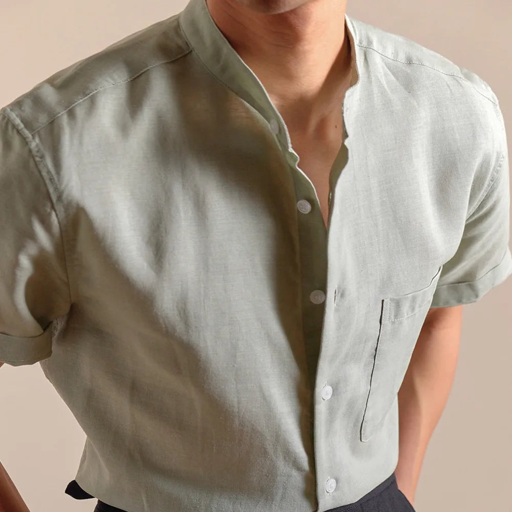 HEARUJOY  -  Natural Linen Cotton Blend Stand Up Collar Shirt Top Quality Men's Short Sleeved Casual Loose Thin Breathable Shirt 3 Colors