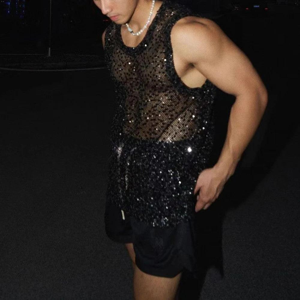 HEARUJOY  -  Mens Vest Mesh Sequins Sexy Nightclub Tank Top Summer Fashion Hollow Stage Performance Sleeveless Top Men'S Clothing 2025 New