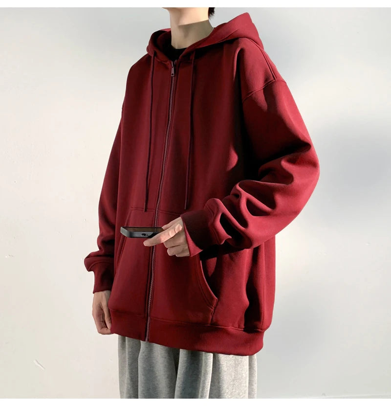 HEARUJOY  -  Spring Autumn Men's Zipper Hoodies Streetwear Casual Jacket Male Solid Color Loose Sweatshirts Simple Hooded Coats