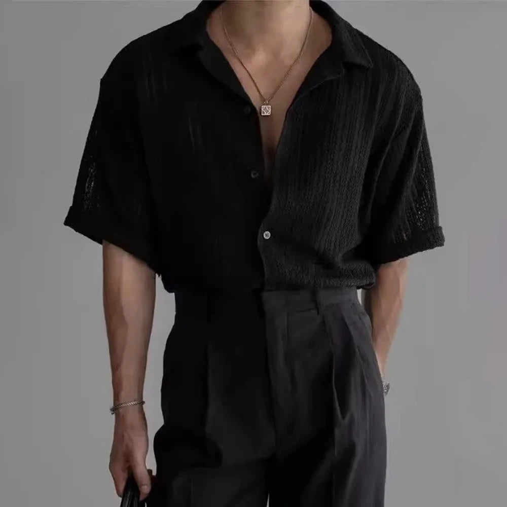 HEARUJOY  -  Men's Solid Color Hollow Short-Sleeved Shirt American Retro Fashion Trend Simple Casual Loose Breathable Summer New Men's Tops