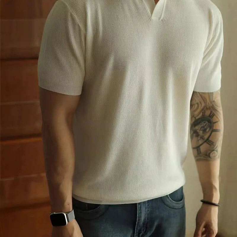 HEARUJOY  -  Summer Men's Clothing Luxury Knit V Neck Short-sleeved Polo Shirt Solid Color Leisure Korean Popular Streetwear Slim Knitwear