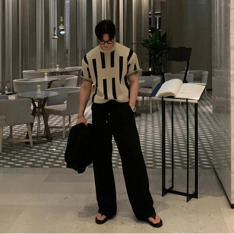 HEARUJOY  -  Summer Men's Clothing Luxury O Neck Knitted T Shirt Retro Geometric Short-sleeved Korean Popular Knitwear Leisure Basic Shirt