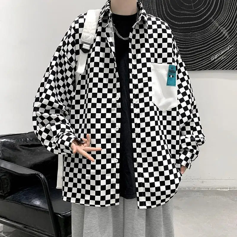 Hearujoy New Plaid Loose Casual Long Sleeved Shirt for Men Trendy Instagram Collar Top Clothes Stylish Jacket for Men