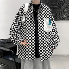 Hearujoy New Plaid Loose Casual Long Sleeved Shirt for Men Trendy Instagram Collar Top Clothes Stylish Jacket for Men