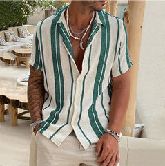 HEARUJOY  -  New Men's Slub Cotton Shirt Stripe Short Sleeve Collar Cardigan Summer Fashion Loose Oversize Shirts Top Streetwear Male