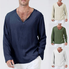 HEARUJOY  -  Spring New Men's Cotton and Linen Solid Color V-neck Casual Retro Loose Large Size Long Sleeve T-shirt Shirt