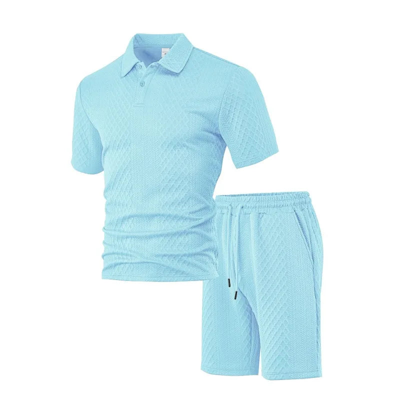 HEARUJOY  -  Men's Summer New Jacquard Casual Sport Thin Lapel POLO Shirt Short-sleeved and Short-shorts Set