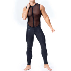 Hearujoy Mens Undershirts Mesh PU Leather See Through Vest Bodysuits Leotard Stage Dance Nightclub Long Pants LGBT Sexy Lingerie Jumpsuit