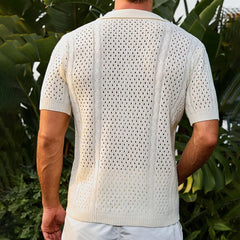 HEARUJOY  -  Summer Men's Retro Solid Color Short-Sleeved Shirt Knitted Hollow Fashion Casual Trend Loose Breathable Seaside Beach Men's Tops