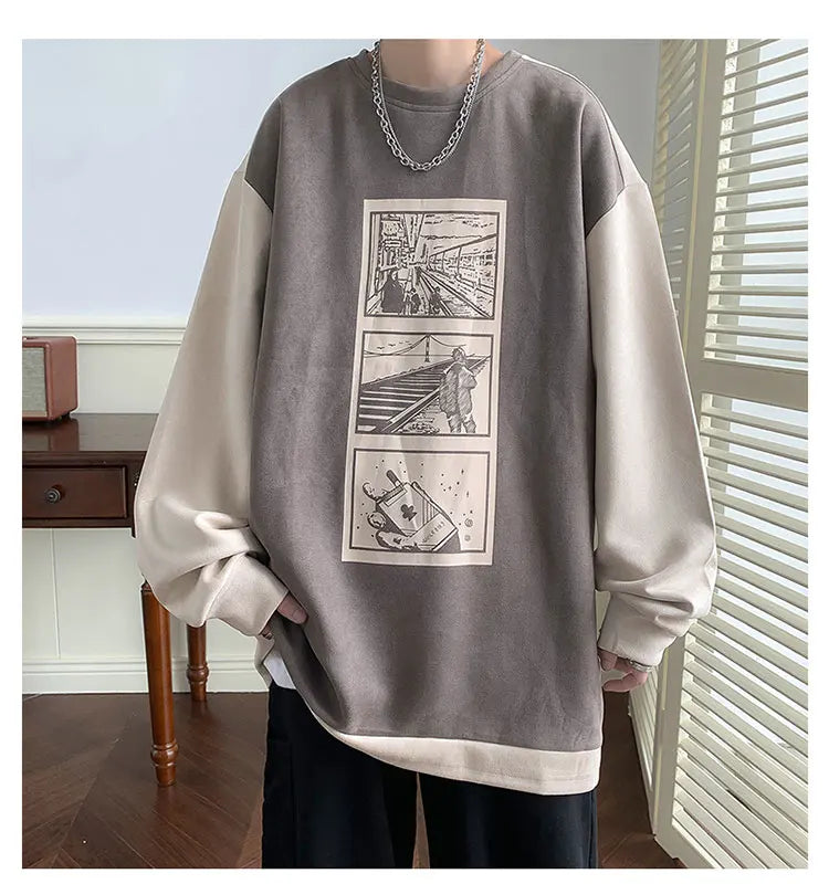 HEARUJOY  -  Mens Crewneck Sweatshirt Men Graffiti Oversized Japanese Streetwear Hip Hop Black Hoodie Men Sweatshirts Hoodies