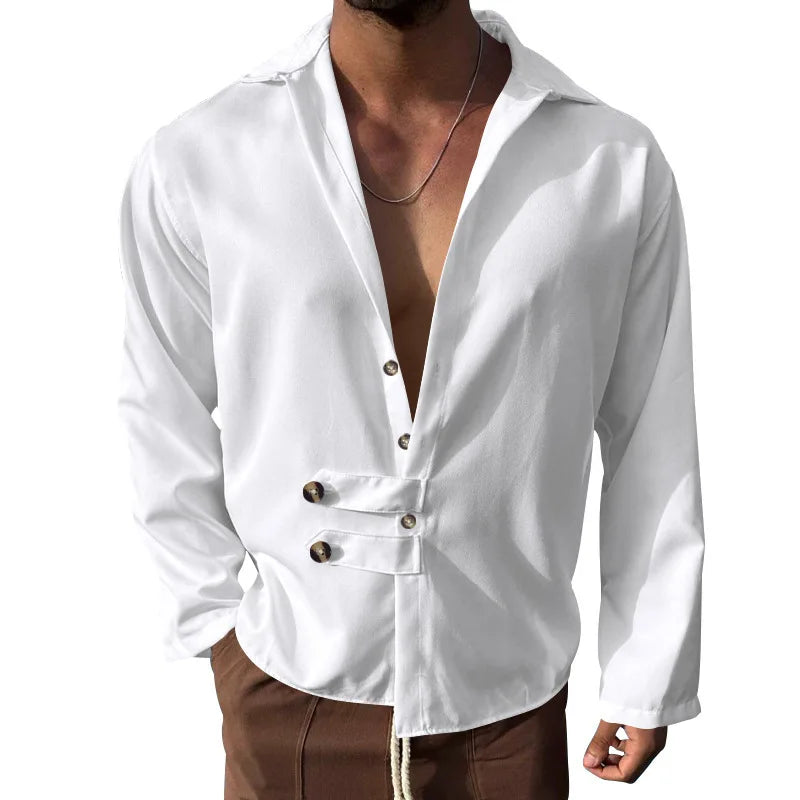 HEARUJOY  -  Men's Spring and Autumn Long Sleeve T-shirt Casual Loose Cardigan Lapel Button Down Shirt
