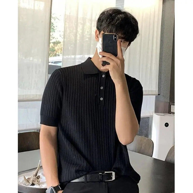 HEARUJOY  -  Summer Short Sleeved T-shirt Men Slim Fit Fashion Casual Knitted T Shirt Men Streetwear Korean White Lapel T Shirt Mens Top