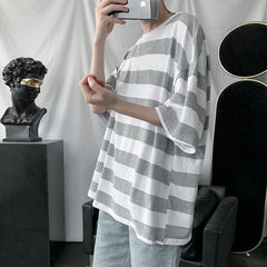 Hearujoy Striped Short Sleeve Tee Men Graphic Ice Slik T-shirts Male Harajuku Green Tops Casual Pullover Korean Streetwear