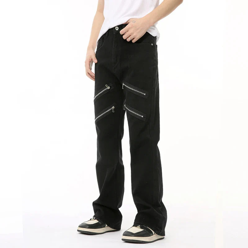 Hearujoy Male Black Denim Pants High Street Patchwork Multi Zipper Slim Boot Cut Loose Men¡®s  Jeans Summer Tide 9C6689