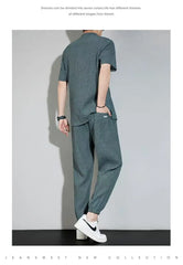 HEARUJOY  -  Summer New Loose Two Piece Set Men's Short-sleeved T-shirt Pants Korean Wrinkle Sports Casual Suit Trend Men Clothes