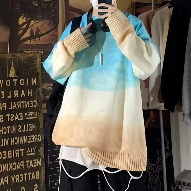 HEARUJOY  -  Men's Crew Neck  Loose Contrast Gradient Knitted Sweater