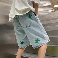 Hearujoy Men's Street Hip-hop Denim Shorts Fashion Brand Star Print Loose Wide Leg Capris Summer Versatile Fashion Casual Pants