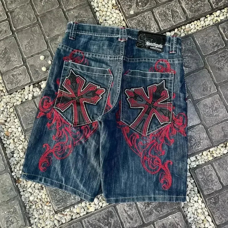 Hearujoy Harajuku Y2K Vintage New Gothic Cross Graphic Printing Baggy Denim Shorts Fashion Casual High Waist Wide Leg Shorts Streetwear