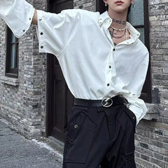 HEARUJOY  -  Spring And Summer Men's Solid Color Stitching Long-Sleeved Shirt Retro Fashion Trend High Street Loose Casual Niche Men's Tops