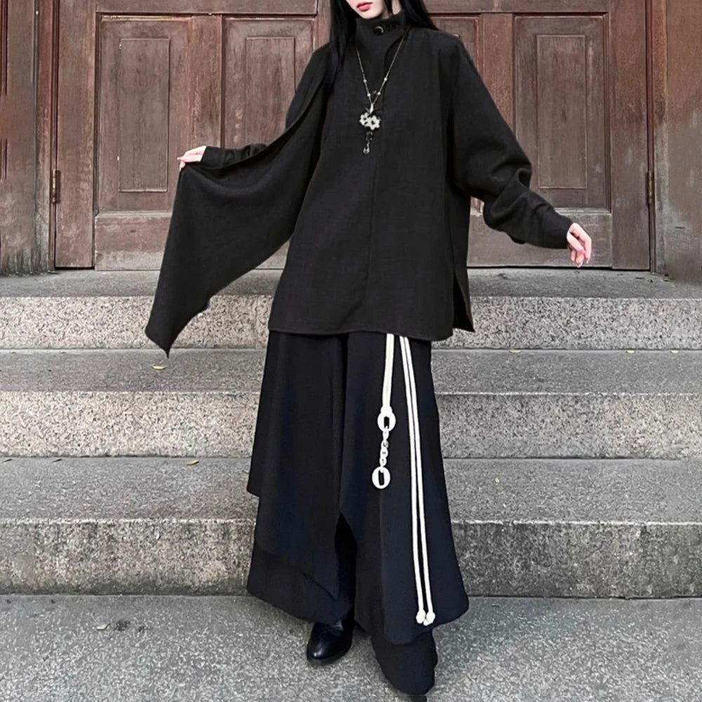 HEARUJOY  -  Y2k Layered Buttoned Culottes Dark Gothic Style Hakama Genderless Japanese Streetwear Casual Wild Wide-Leg Samurai Pants Unisex