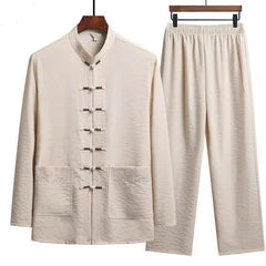 HEARUJOY  -  2 Pcs/Set Men Cotton linen Tang Suit Set Chinese Traditional Clothes Hanfu Elastic Waist Wide Leg Soft Men Shirt Trousers Sets