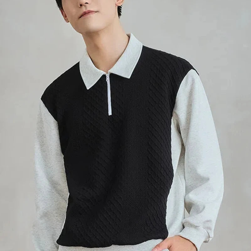 HEARUJOY  -  Trend Fashion Men Polo Shirts Spring Autumn New Lapel Half Zipper Fake Two Pieces Contrast Color Korean Casual Long Sleeve Tops