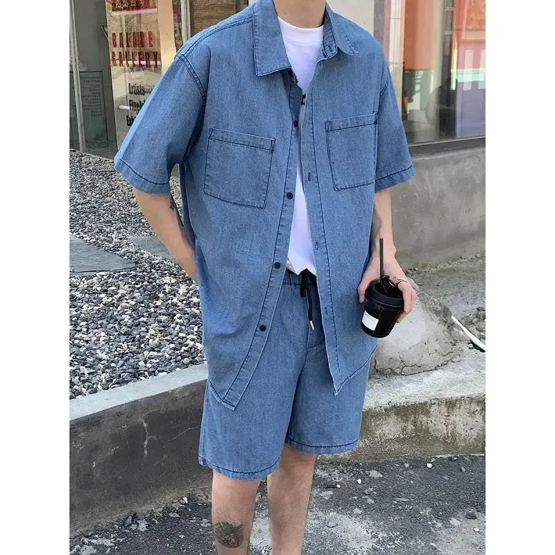 HEARUJOY  -  Japanese Man Sets Work Clothes Loose Cool Two-piece Set New in Matching Elastic Baggy Korean Stylish Shirts Shorts Suits for Men