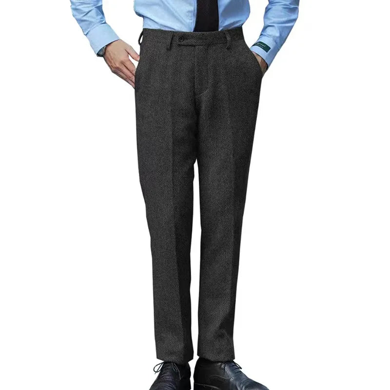 HEARUJOY  -  Autumn Winter Men's Vintage Wool Suit Pant Herringbone Pattern Straight Trousers British Style Business Casual Italian Pants