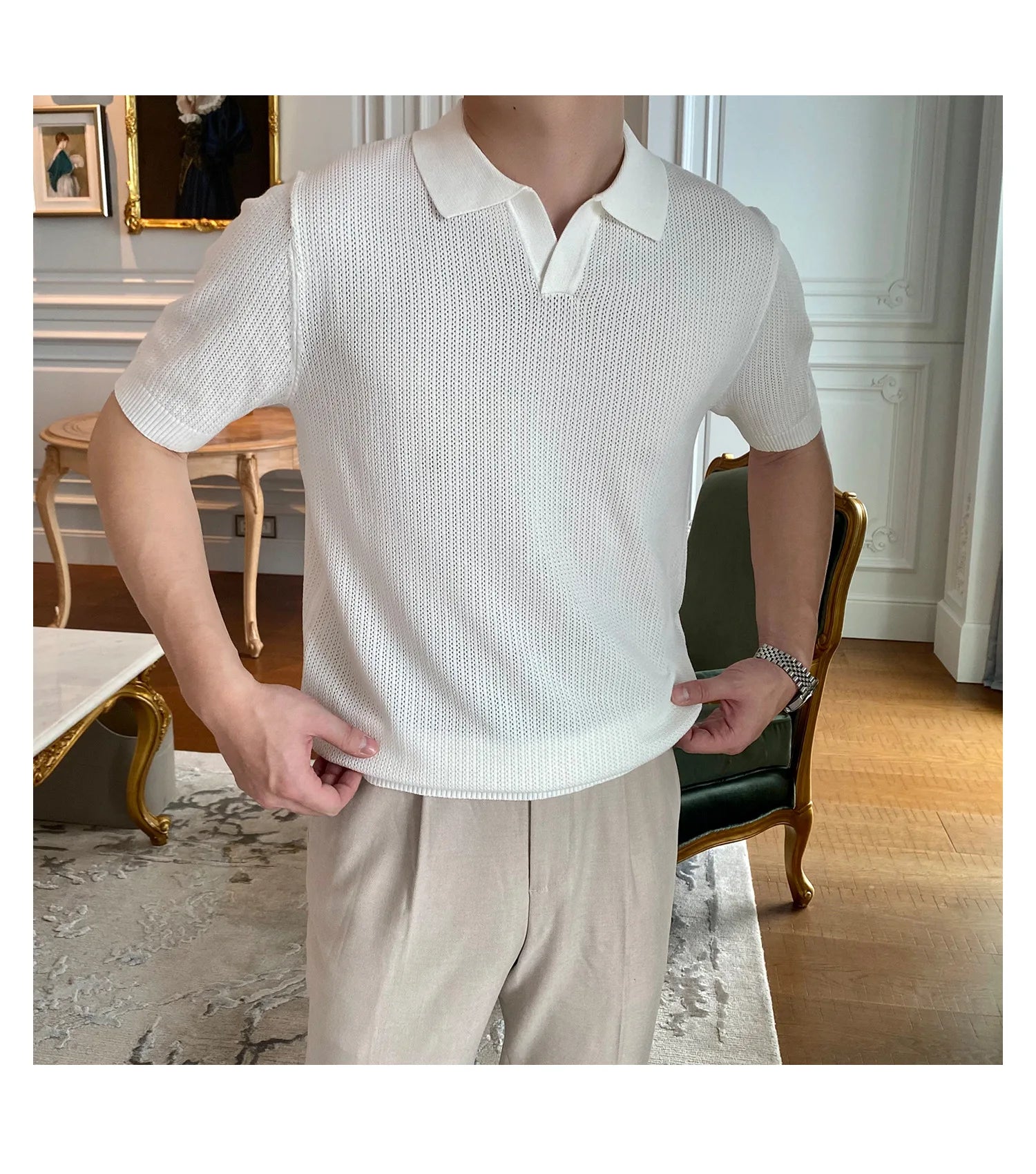 HEARUJOY  -  New Fashion Business Tops Men's Polo Shirt Light Luxury Leisure Knitted V Neck T-shirts for Man Korean Popular Short Sleeve Tees