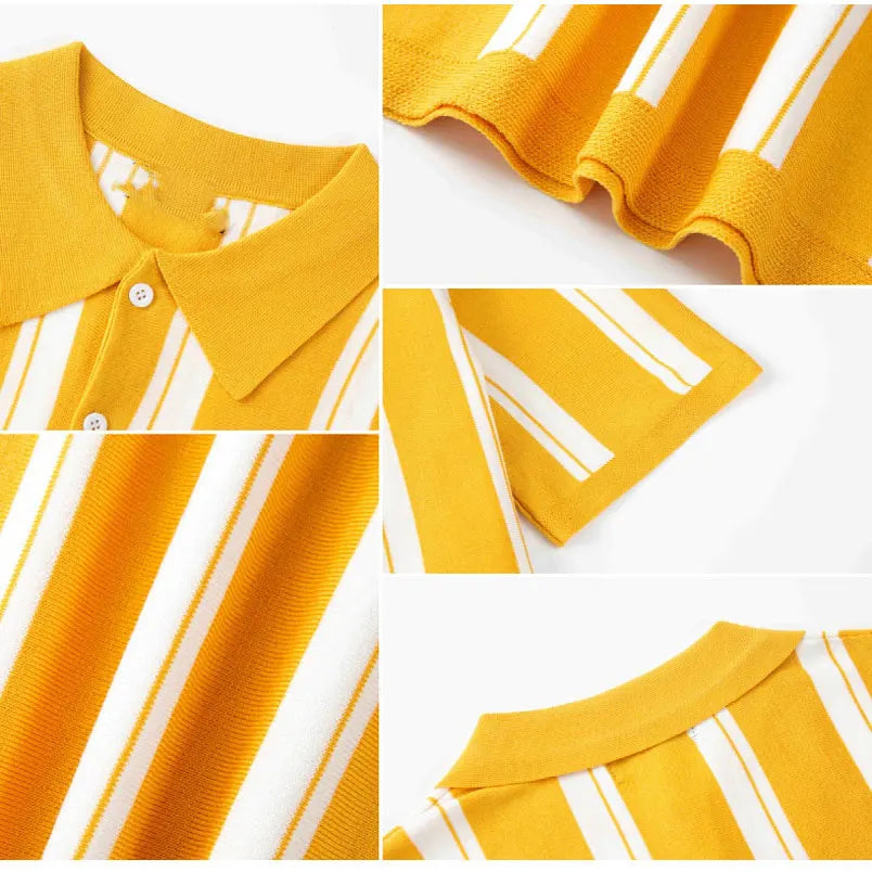 HEARUJOY  -  New Mens contrast color Stripe Polo Knit Shirts High Quality Luxury Knitwear Summer Fashion Short Sleeve Lapel Polo Tshirt