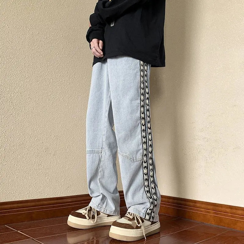 HEARUJOY  -  Ribbon Jeans Men Summer American Street Spring and Autumn Pants Retro Floor-length Wide-leg Pants High Street Straight Pants