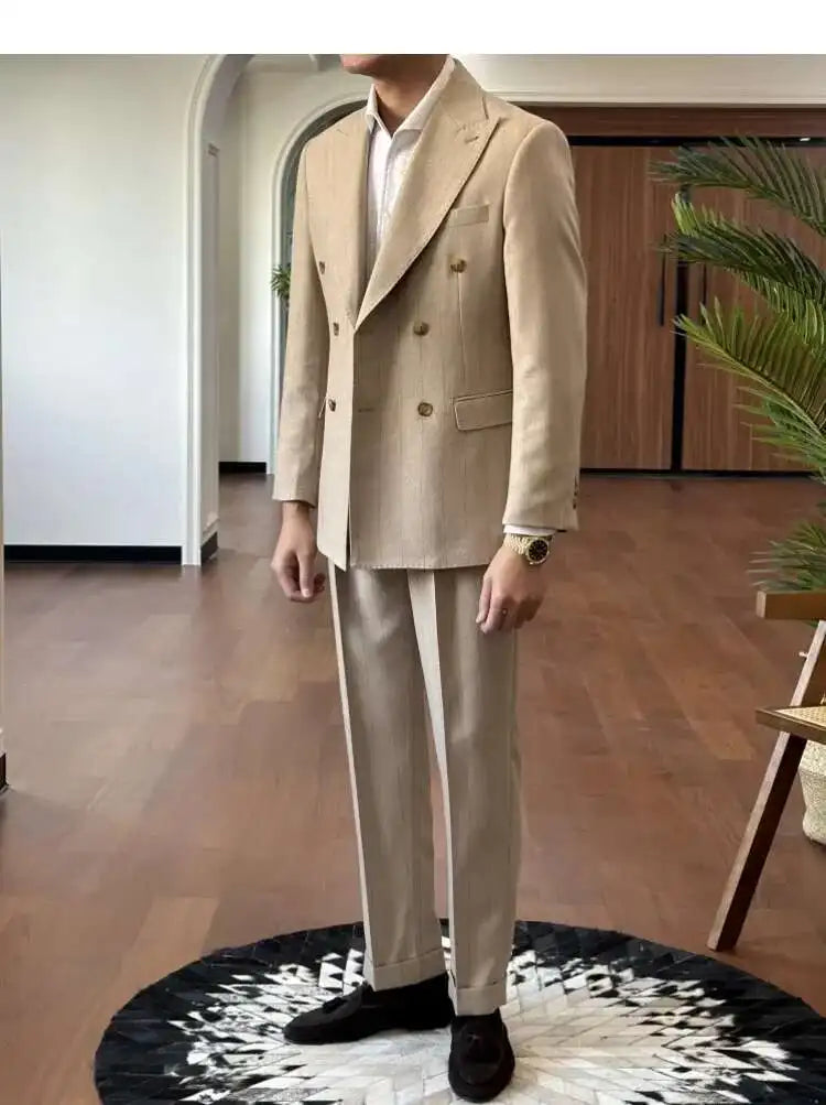 HEARUJOY  -  Men Suit Designers Slim Fit Business Casual Striped Double Breasted Suit Set Trend Traje Novio 2025 Men Tuxedo Suit Grooms Suit
