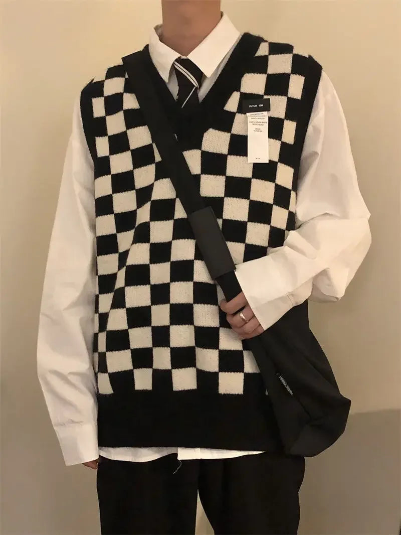 HEARUJOY  -  Waistcoat Plaid Green V Neck Sleeveless Knitted Sweaters for Men Black Man Clothes Vest Ugly Cotton Pull Oversize Sheap T Shirt