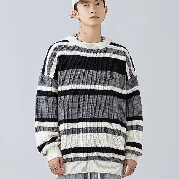 HEARUJOY  -  Fashion Sweater Men's Striped Contrasting Color Base Shirt Thread Knitted Jacket